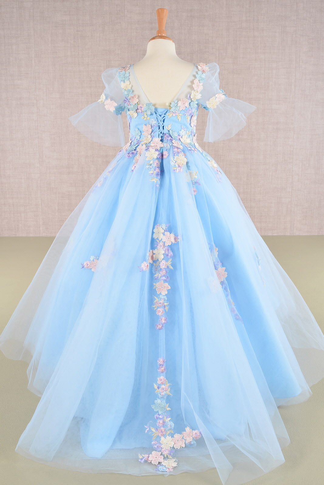 3D Floral Applique Mesh Kids Dress with Long Back Hem GLGK107-KIDS-smcfashion.com