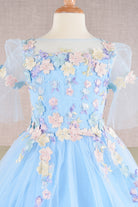 3D Floral Applique Mesh Kids Dress with Long Back Hem GLGK107-KIDS-smcfashion.com