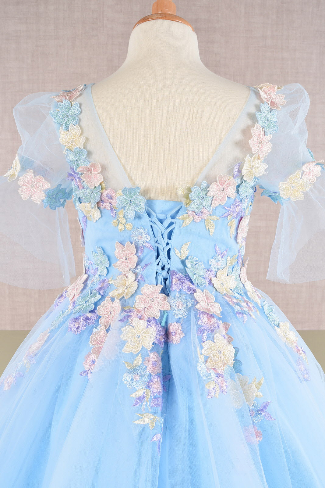 3D Floral Applique Mesh Kids Dress with Long Back Hem GLGK107-KIDS-smcfashion.com