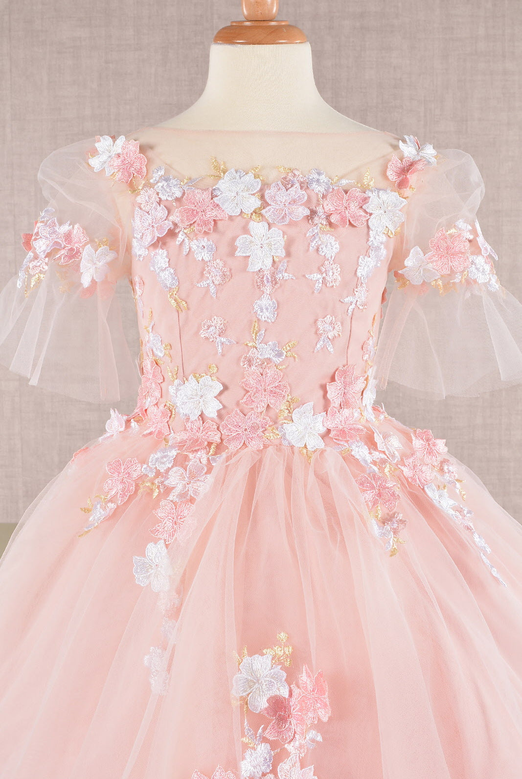 3D Floral Applique Mesh Kids Dress with Long Back Hem GLGK107-KIDS-smcfashion.com