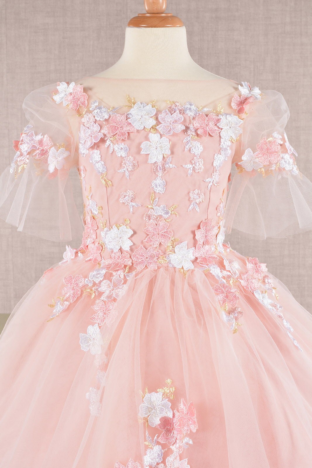 3D Floral Applique Mesh Kids Dress with Long Back Hem GLGK107-KIDS-smcfashion.com