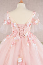 3D Floral Applique Mesh Kids Dress with Long Back Hem GLGK107-KIDS-smcfashion.com