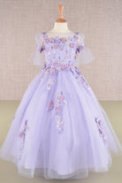 3D Floral Applique Mesh Kids Dress with Long Back Hem GLGK107-KIDS-smcfashion.com