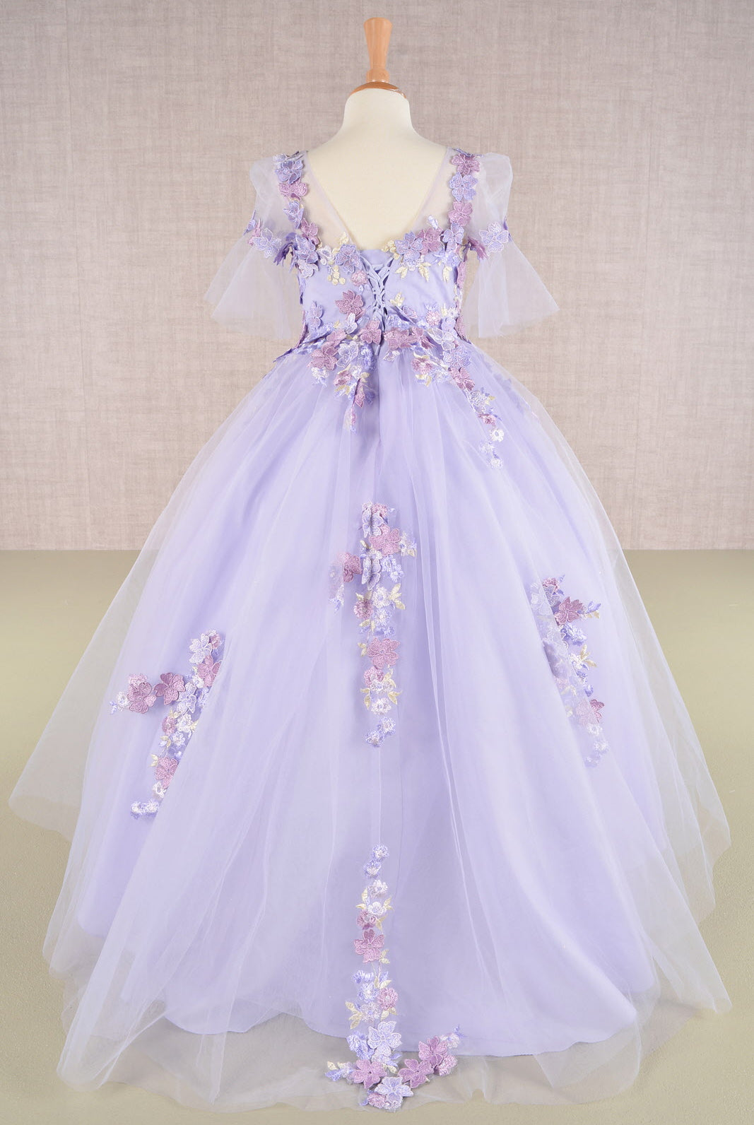 3D Floral Applique Mesh Kids Dress with Long Back Hem GLGK107-KIDS-smcfashion.com