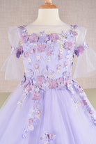 3D Floral Applique Mesh Kids Dress with Long Back Hem GLGK107-KIDS-smcfashion.com