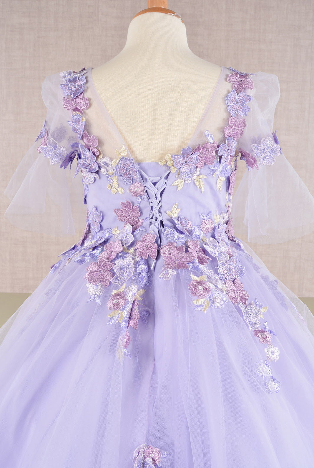 3D Floral Applique Mesh Kids Dress with Long Back Hem GLGK107-KIDS-smcfashion.com