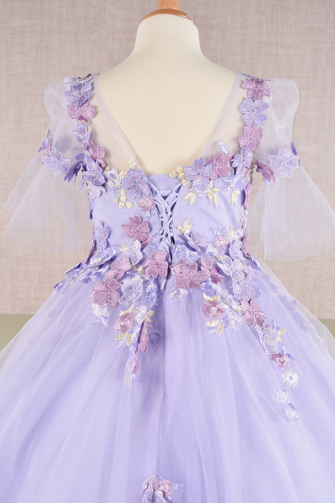 3D Floral Applique Mesh Kids Dress with Long Back Hem GLGK107-KIDS-smcfashion.com