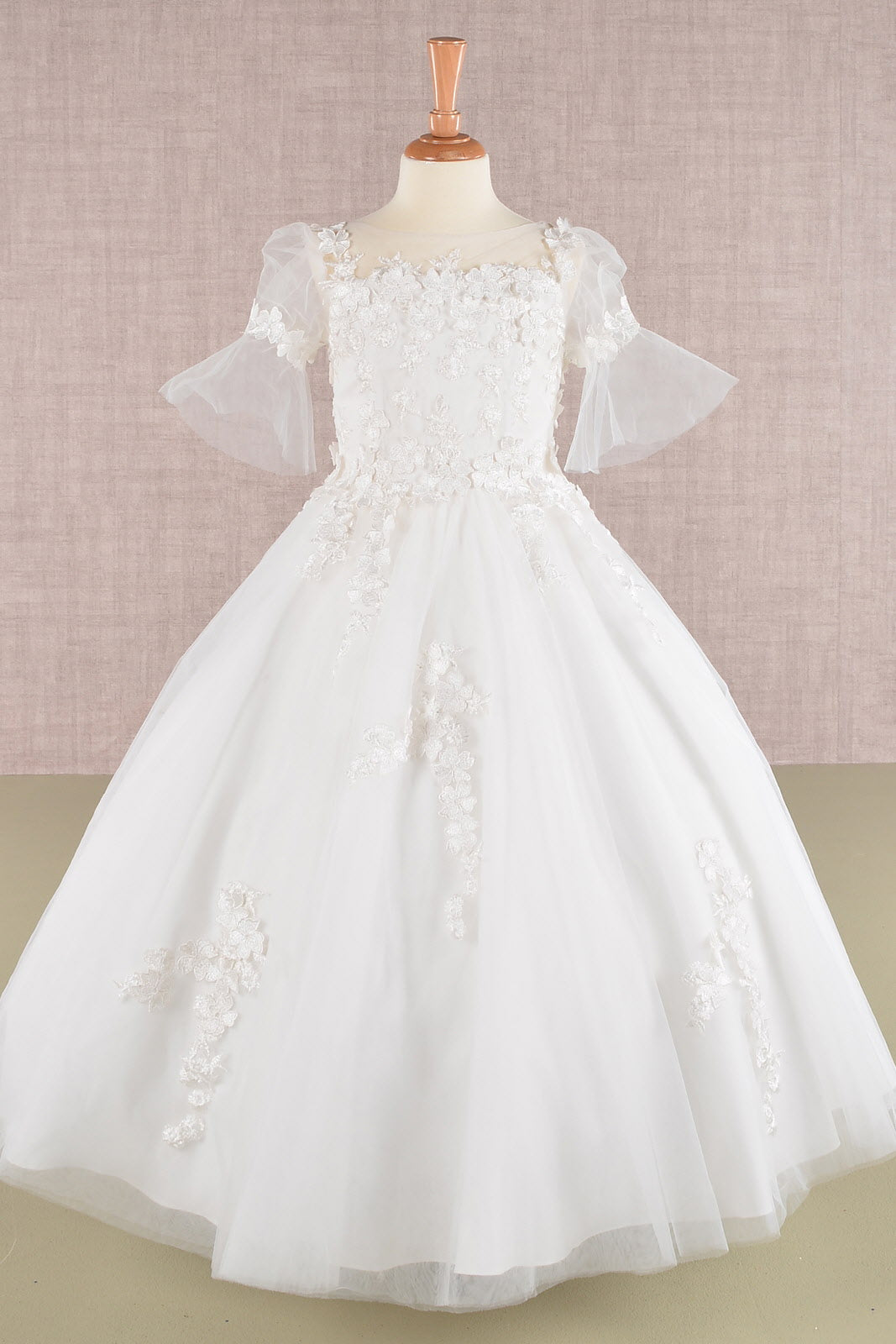 3D Floral Applique Mesh Kids Dress with Long Back Hem GLGK107-KIDS-smcfashion.com