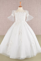 3D Floral Applique Mesh Kids Dress with Long Back Hem GLGK107-KIDS-smcfashion.com