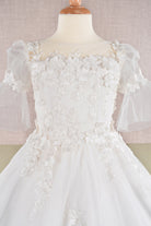 3D Floral Applique Mesh Kids Dress with Long Back Hem GLGK107-KIDS-smcfashion.com