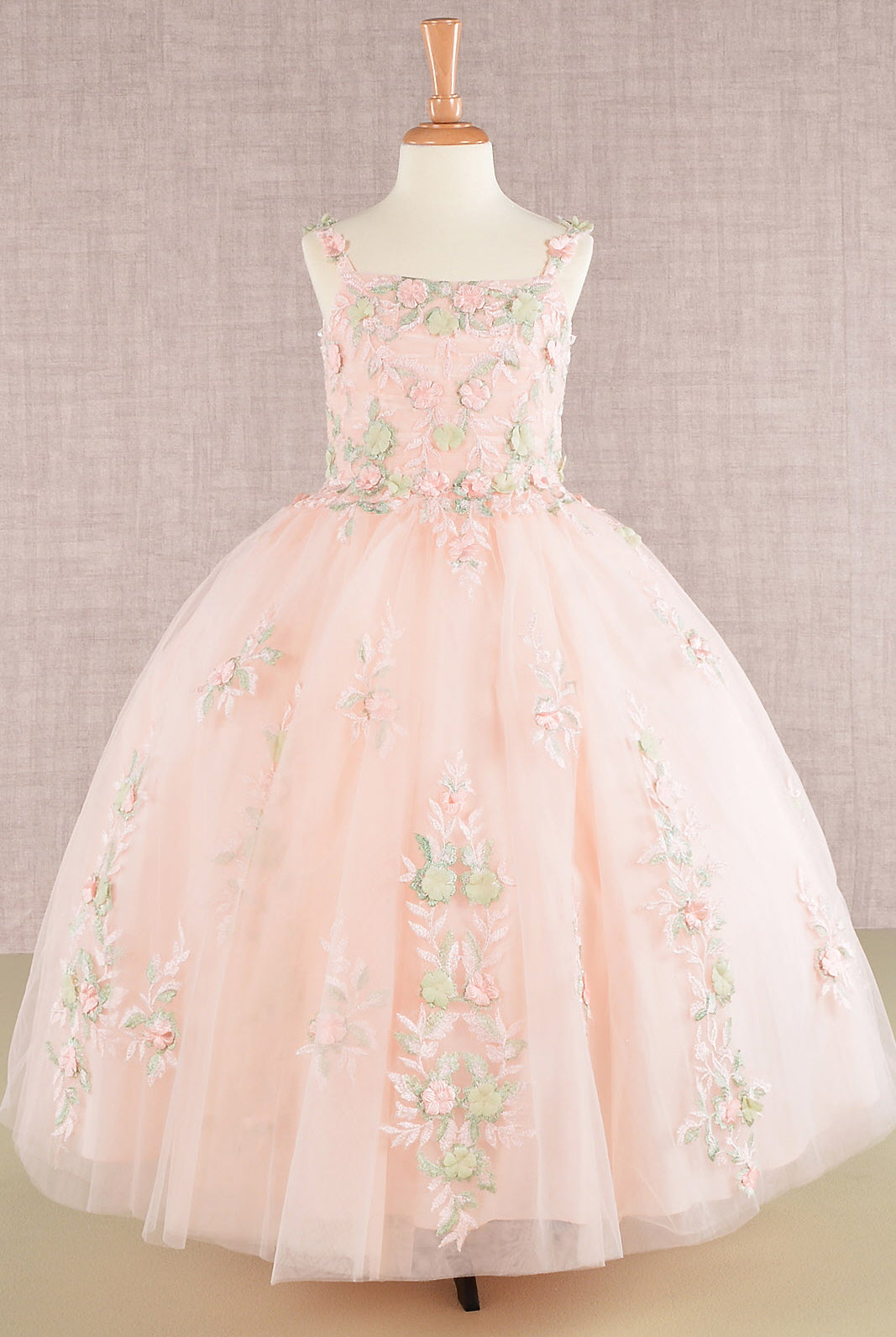 Floral Embroidery Embellished Ruched Bodice Mesh with Lace-up Back Quinceanera Kids Dress GLGK109-KIDS-smcfashion.com