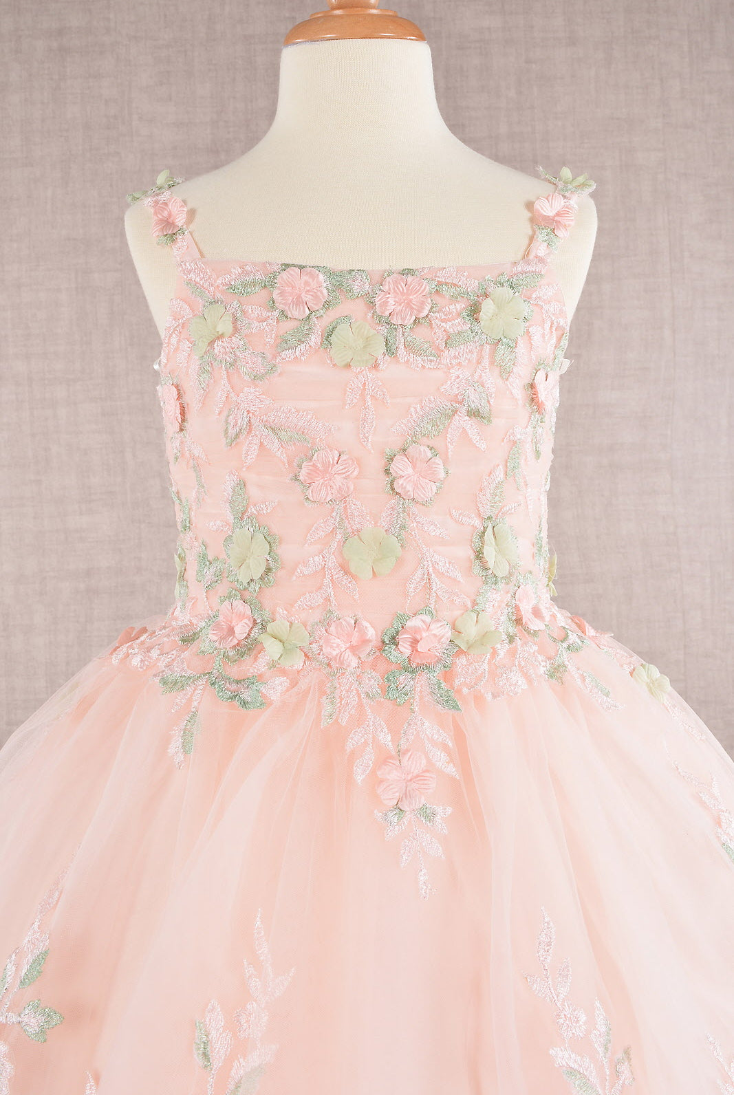 Floral Embroidery Embellished Ruched Bodice Mesh with Lace-up Back Quinceanera Kids Dress GLGK109-KIDS-smcfashion.com