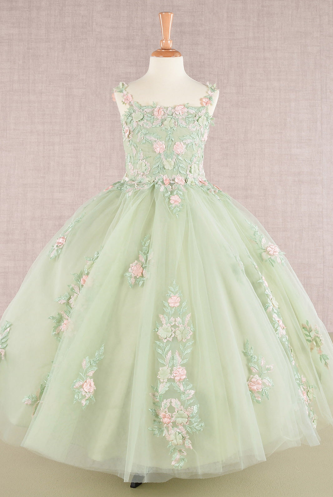 Floral Embroidery Embellished Ruched Bodice Mesh with Lace-up Back Quinceanera Kids Dress GLGK109-KIDS-smcfashion.com