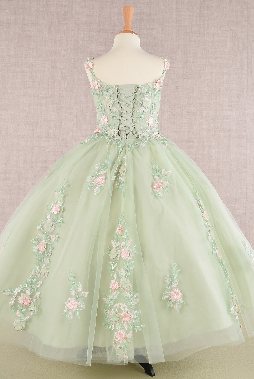 Floral Embroidery Embellished Ruched Bodice Mesh with Lace-up Back Quinceanera Kids Dress GLGK109-KIDS-smcfashion.com