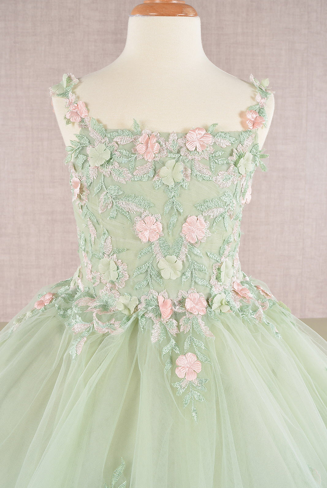 Floral Embroidery Embellished Ruched Bodice Mesh with Lace-up Back Quinceanera Kids Dress GLGK109-KIDS-smcfashion.com