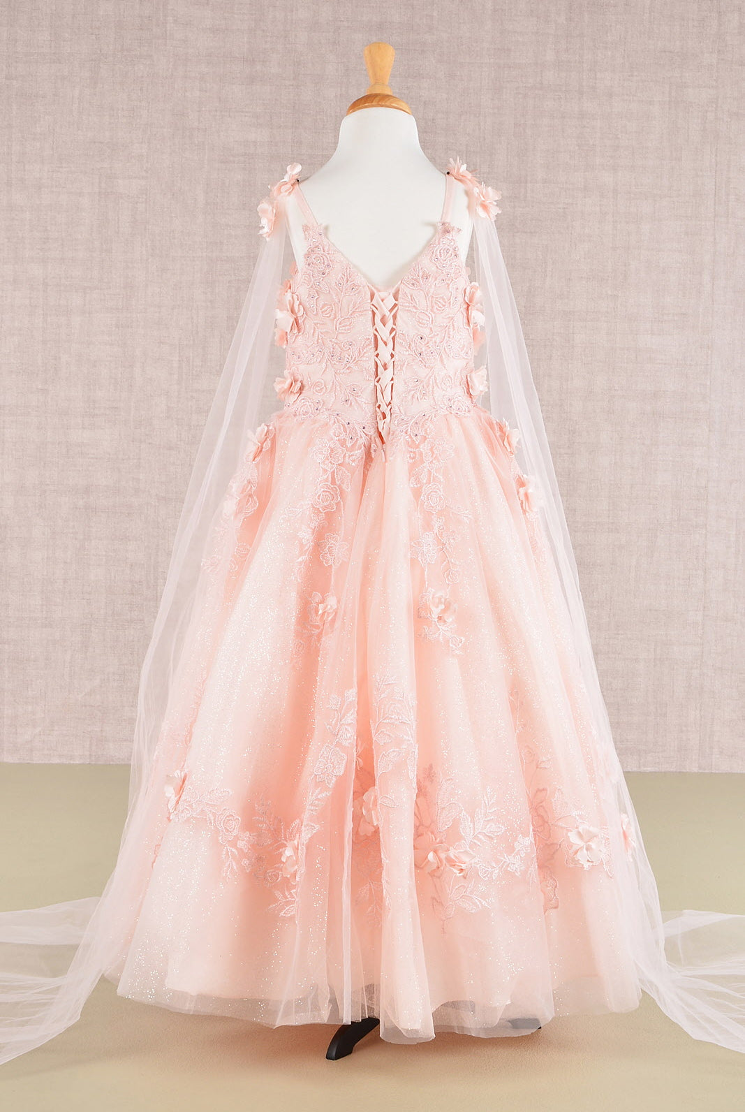 Floral Applique Glitter Mesh with Detachable Side Mesh Drape Quinceanera Kids Dress GLGK111-KIDS-smcfashion.com