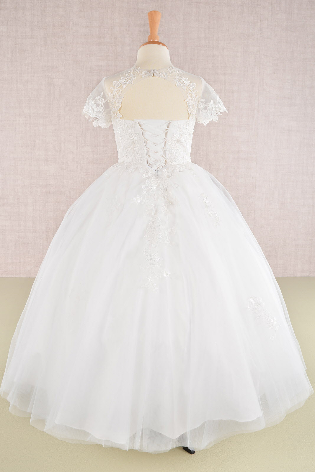 Floral Lace Embellished Bodice Short Sleeve Mesh Kids Dress with Cut-Out Back GLGK113-KIDS-smcfashion.com