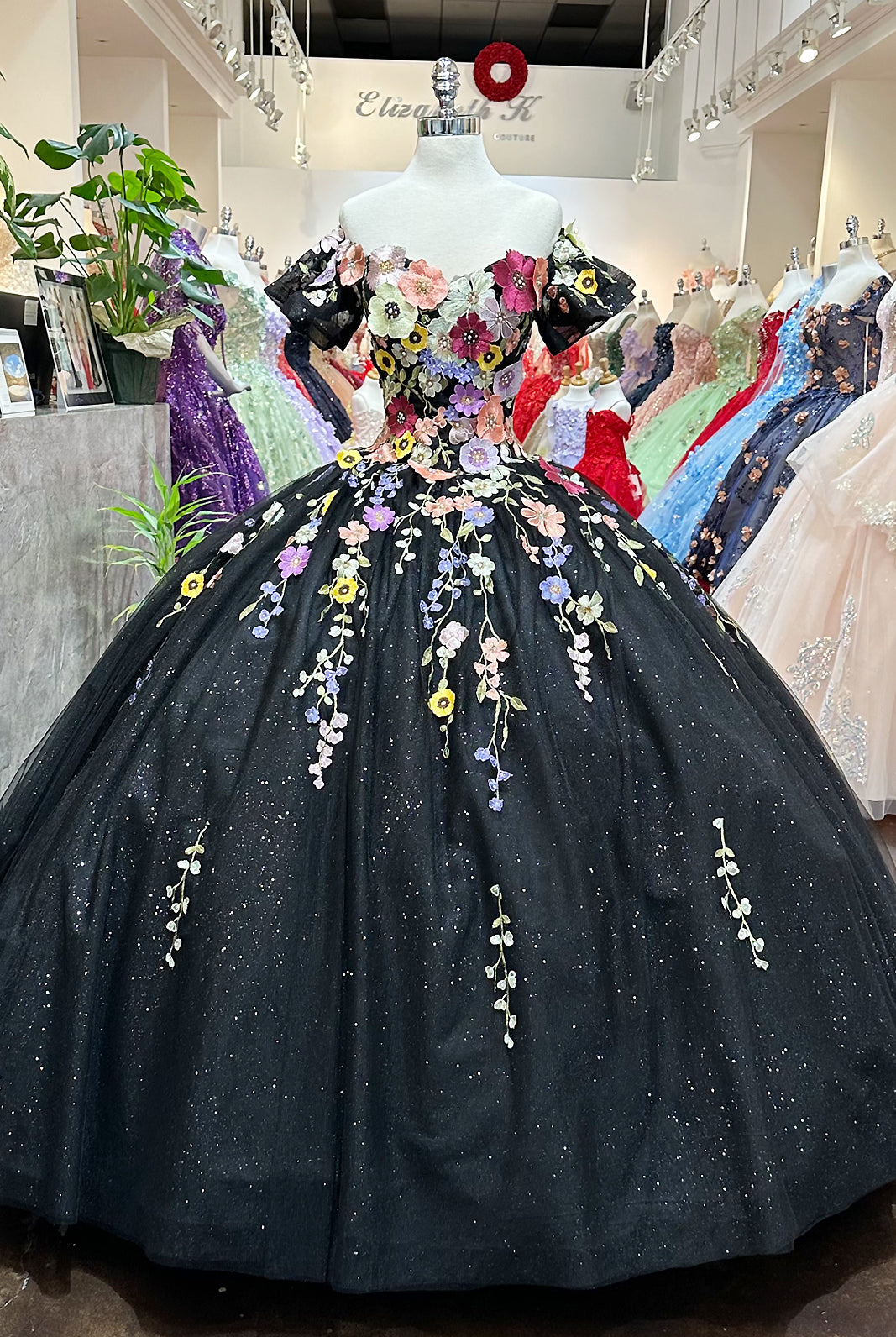 3D Flower Applique w/ Detachable Short Sleeves Mesh Long Quinceanera Dress GLGL3177-QUINCEANERA-smcfashion.com