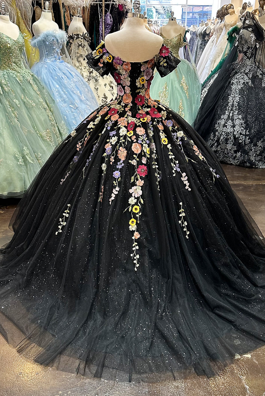 3D Flower Applique w/ Detachable Short Sleeves Mesh Long Quinceanera Dress GLGL3177-QUINCEANERA-smcfashion.com