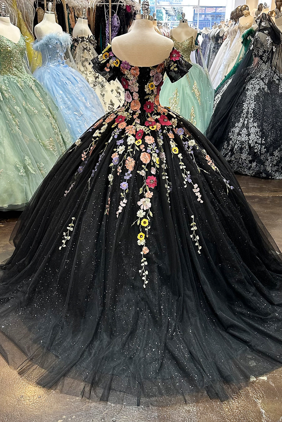 3D Flower Applique w/ Detachable Short Sleeves Mesh Long Quinceanera Dress GLGL3177-QUINCEANERA-smcfashion.com