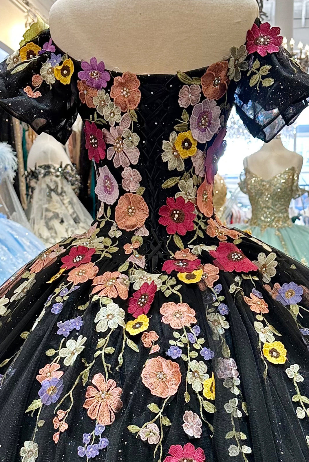 3D Flower Applique w/ Detachable Short Sleeves Mesh Long Quinceanera Dress GLGL3177-QUINCEANERA-smcfashion.com