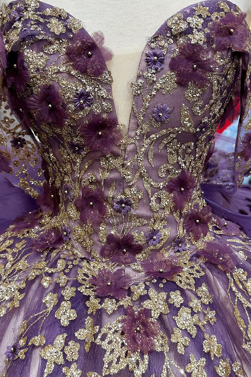 Flower Applique Bead Off Shoulder w/ Detachable Ribbon Long Quinceanera Dress GLGL3178-QUINCEANERA-smcfashion.com