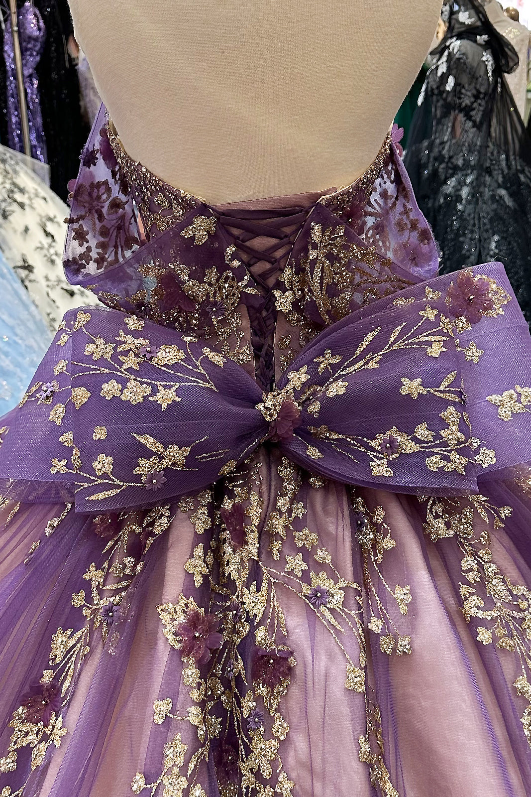 Flower Applique Bead Off Shoulder w/ Detachable Ribbon Long Quinceanera Dress GLGL3178-QUINCEANERA-smcfashion.com