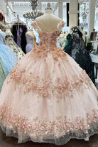 Glitter 3D Flower Applique Mesh w/ Long Mesh Cape Long Quinceanera Dress GLGL3179-QUINCEANERA-smcfashion.com