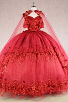 Glitter 3D Flower Applique Mesh w/ Long Mesh Cape Long Quinceanera Dress GLGL3179-QUINCEANERA-smcfashion.com