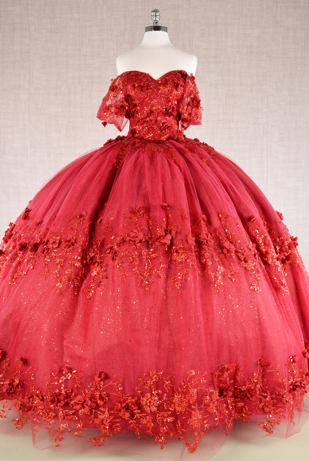 Glitter 3D Flower Applique Mesh w/ Long Mesh Cape Long Quinceanera Dress GLGL3179-QUINCEANERA-smcfashion.com