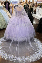 Glitter 3D Flower Applique Mesh w/ Long Mesh Cape Long Quinceanera Dress GLGL3179-QUINCEANERA-smcfashion.com