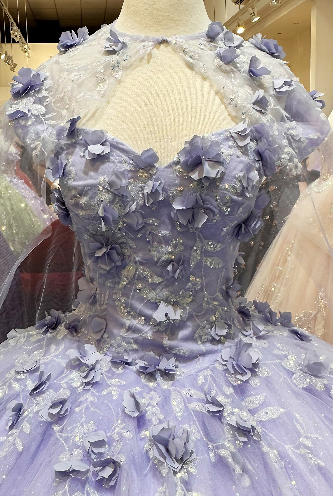 Glitter 3D Flower Applique Mesh w/ Long Mesh Cape Long Quinceanera Dress GLGL3179-QUINCEANERA-smcfashion.com