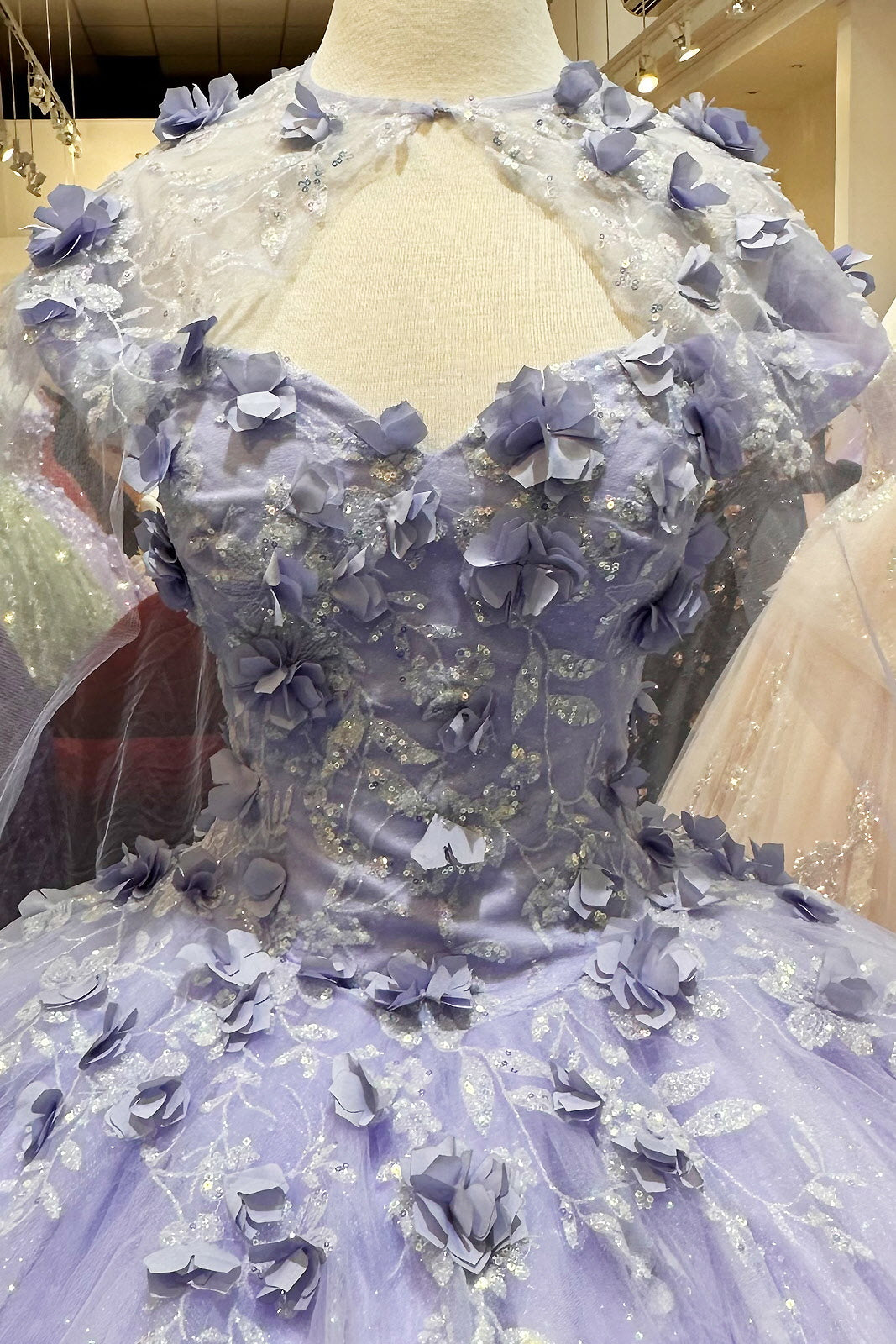 Glitter 3D Flower Applique Mesh w/ Long Mesh Cape Long Quinceanera Dress GLGL3179-QUINCEANERA-smcfashion.com