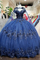 Glitter 3D Flower Applique Mesh w/ Long Mesh Cape Long Quinceanera Dress GLGL3179-QUINCEANERA-smcfashion.com