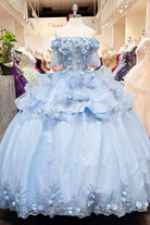 3D Flower Applique Sheer Bodice w/ Ruffle Skirt Off Shoulder Long Quinceanera Dress GLGL3180-QUINCEANERA-smcfashion.com
