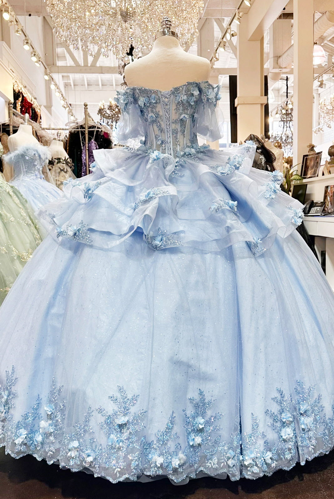 3D Flower Applique Sheer Bodice w/ Ruffle Skirt Off Shoulder Long Quinceanera Dress GLGL3180-QUINCEANERA-smcfashion.com