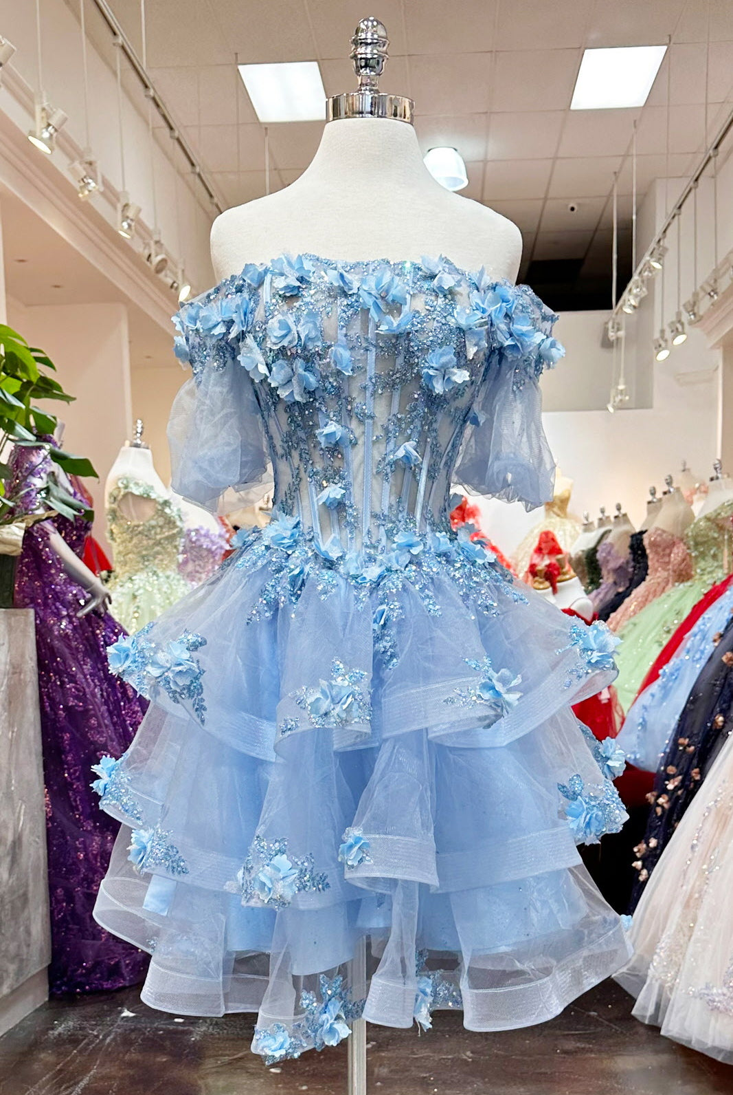 3D Flower Applique Sheer Bodice w/ Ruffle Skirt Off Shoulder Long Quinceanera Dress GLGL3180-QUINCEANERA-smcfashion.com