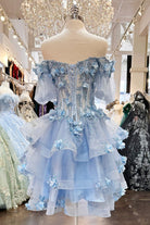 3D Flower Applique Sheer Bodice w/ Ruffle Skirt Off Shoulder Long Quinceanera Dress GLGL3180-QUINCEANERA-smcfashion.com