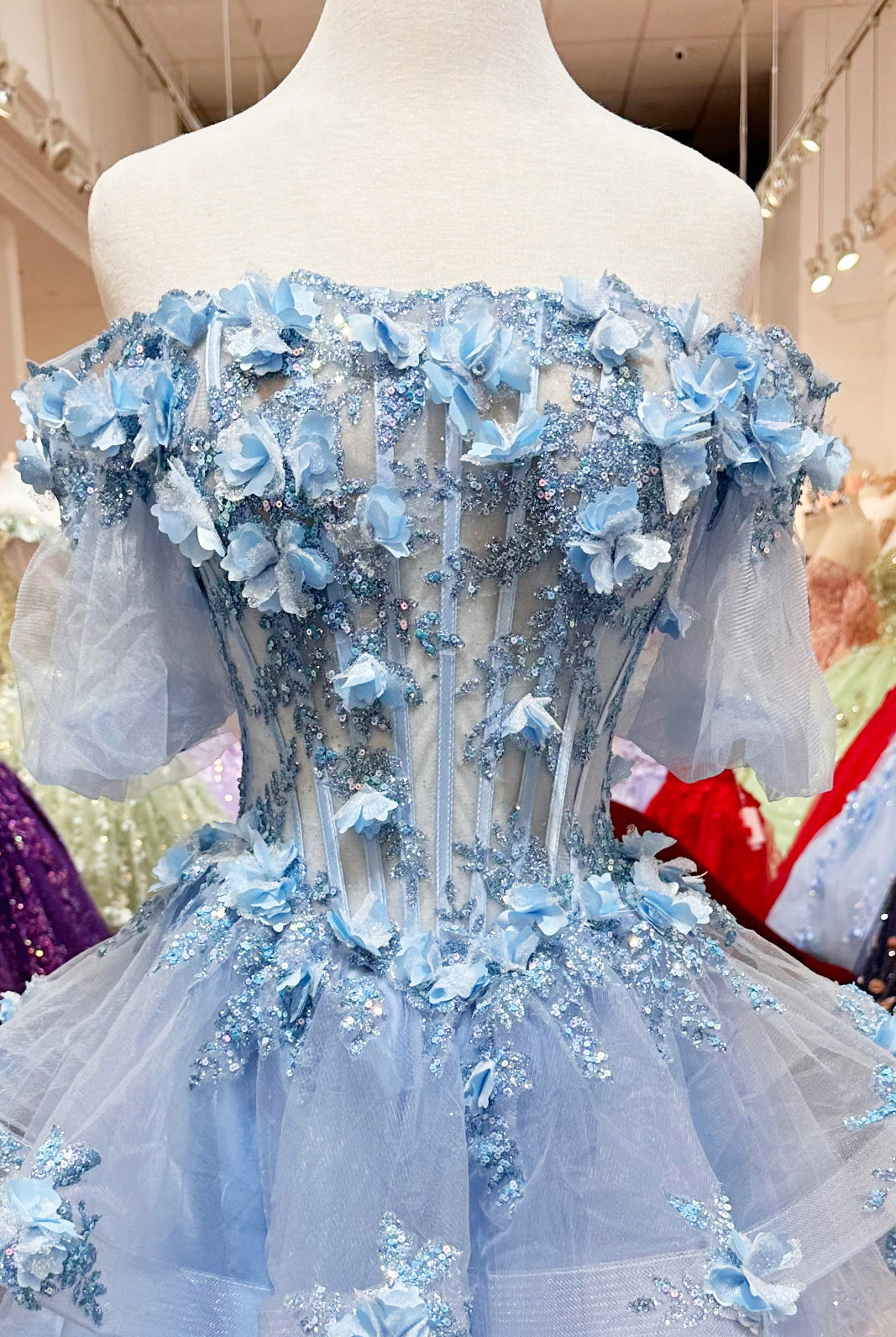 3D Flower Applique Sheer Bodice w/ Ruffle Skirt Off Shoulder Long Quinceanera Dress GLGL3180-QUINCEANERA-smcfashion.com