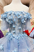 3D Flower Applique Sheer Bodice w/ Ruffle Skirt Off Shoulder Long Quinceanera Dress GLGL3180-QUINCEANERA-smcfashion.com