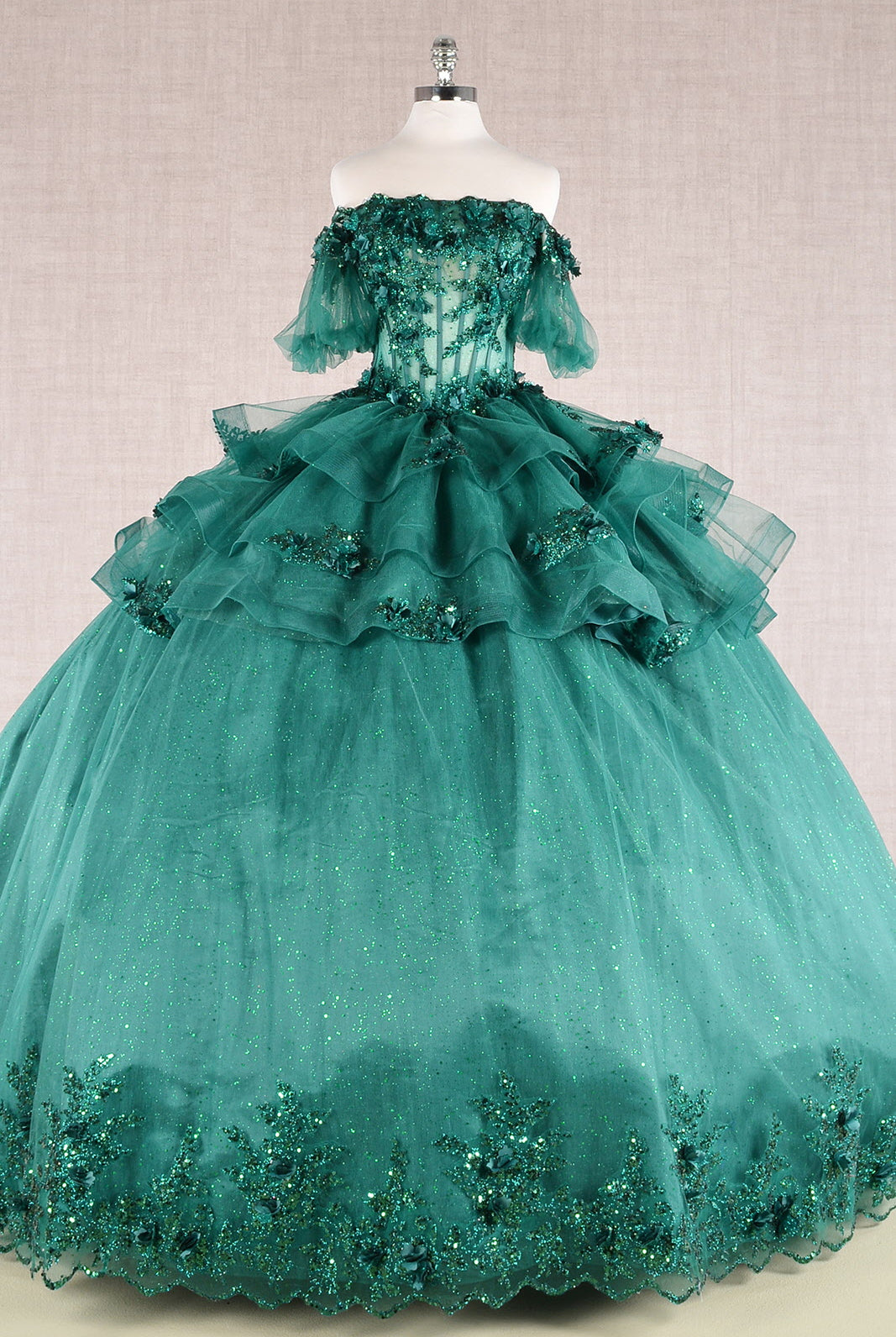 3D Flower Applique Sheer Bodice w/ Ruffle Skirt Off Shoulder Long Quinceanera Dress GLGL3180-QUINCEANERA-smcfashion.com