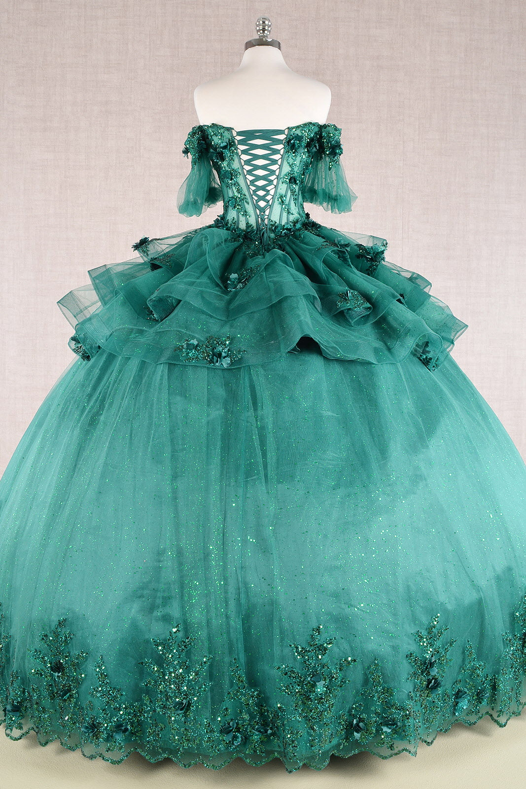 3D Flower Applique Sheer Bodice w/ Ruffle Skirt Off Shoulder Long Quinceanera Dress GLGL3180-QUINCEANERA-smcfashion.com