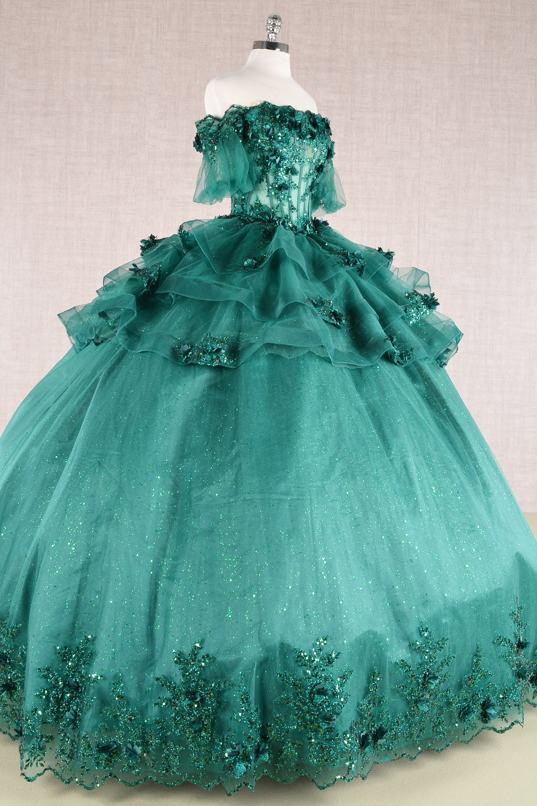 3D Flower Applique Sheer Bodice w/ Ruffle Skirt Off Shoulder Long Quinceanera Dress GLGL3180-QUINCEANERA-smcfashion.com