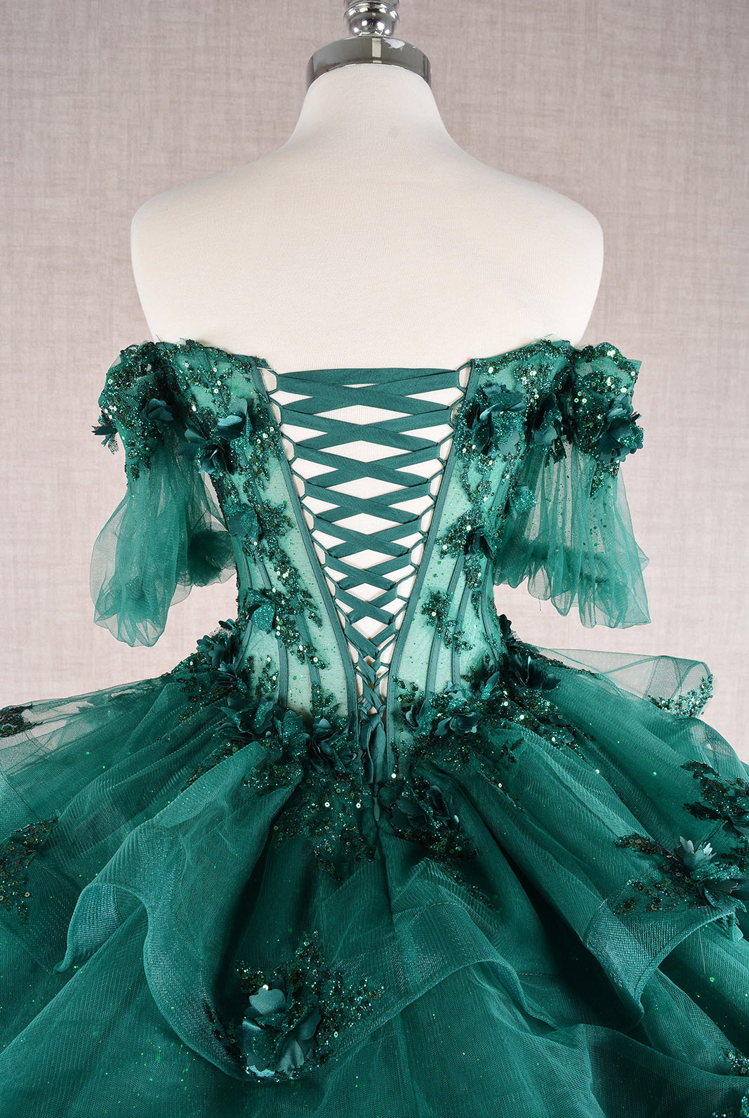 3D Flower Applique Sheer Bodice w/ Ruffle Skirt Off Shoulder Long Quinceanera Dress GLGL3180-QUINCEANERA-smcfashion.com