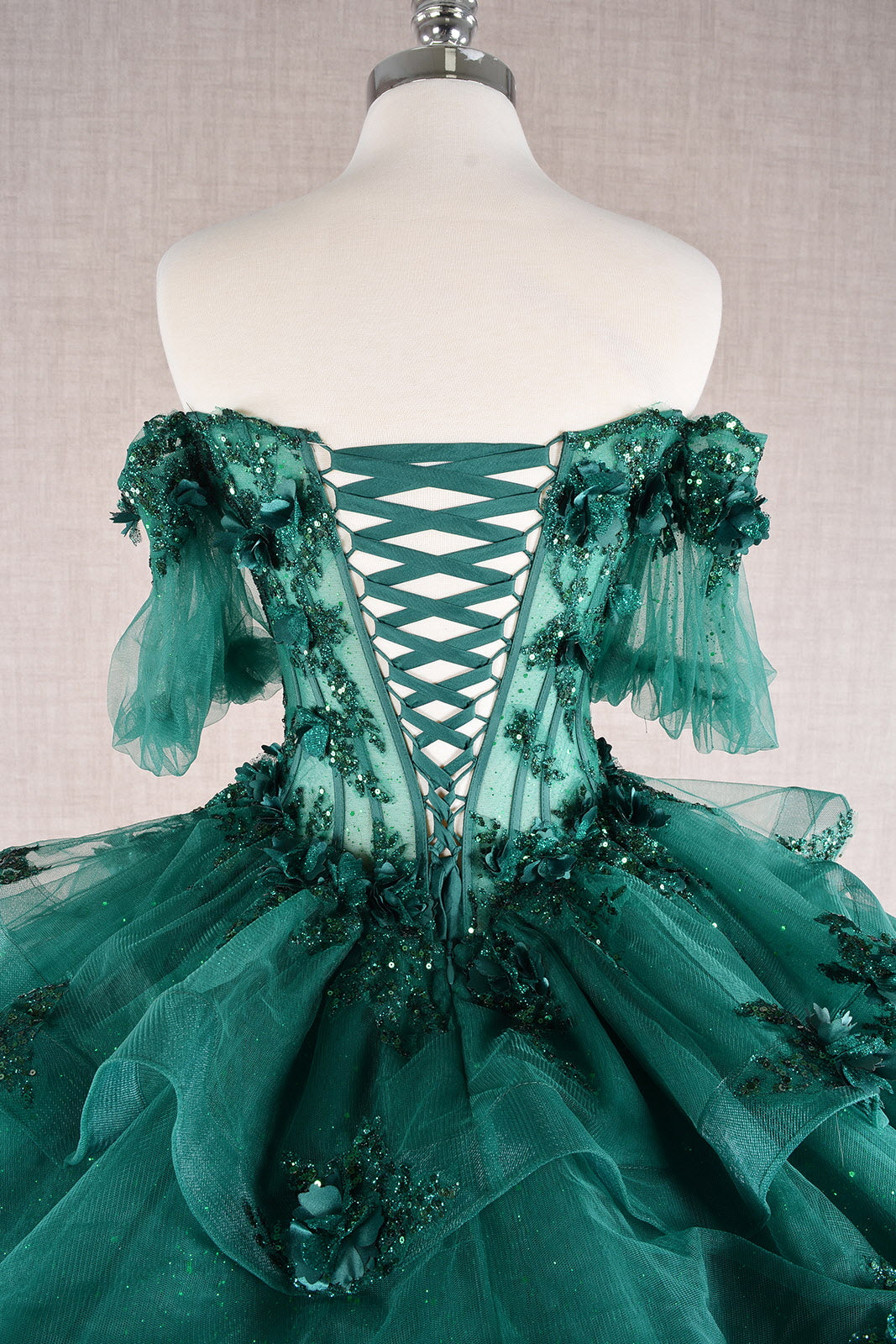 3D Flower Applique Sheer Bodice w/ Ruffle Skirt Off Shoulder Long Quinceanera Dress GLGL3180-QUINCEANERA-smcfashion.com