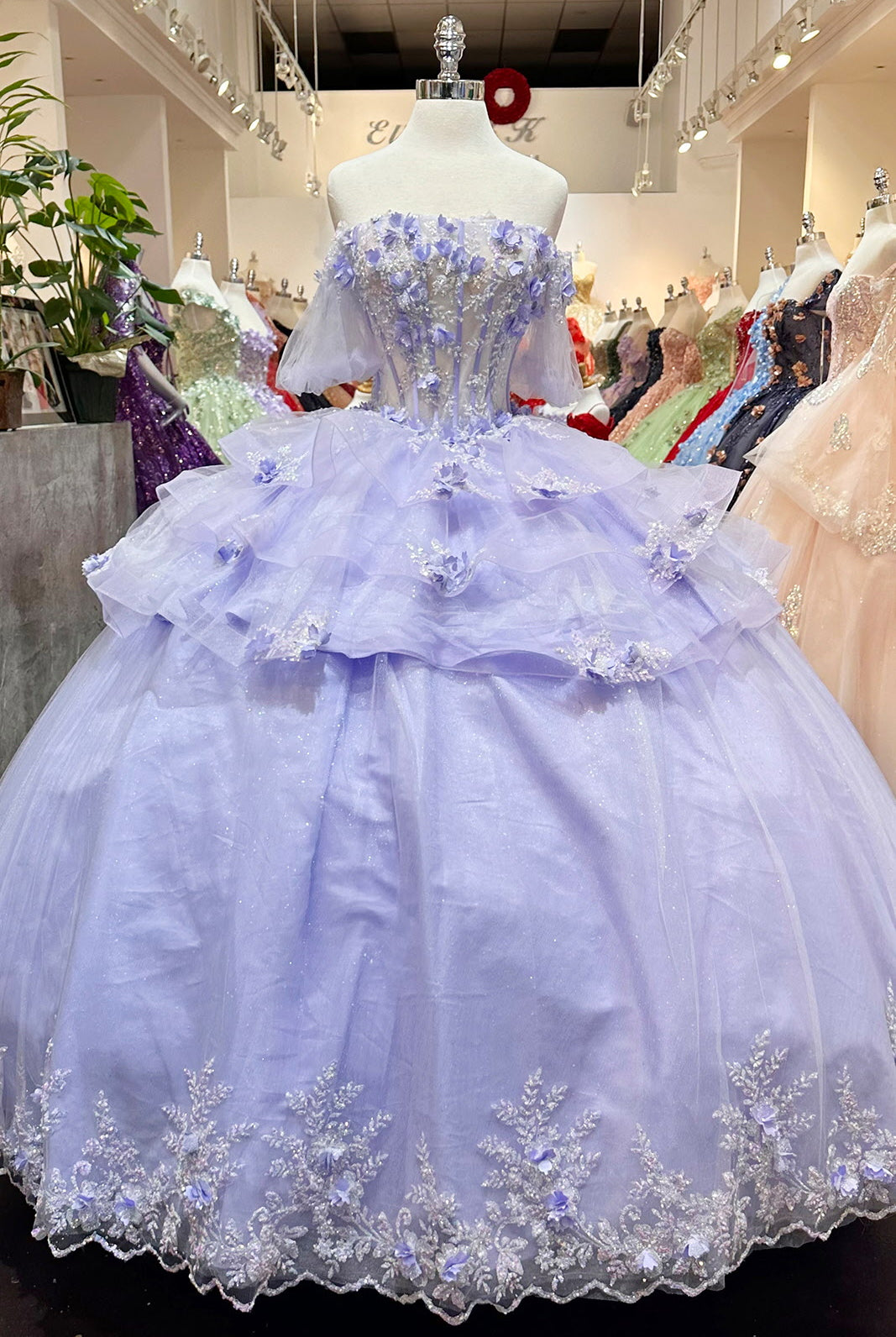 3D Flower Applique Sheer Bodice w/ Ruffle Skirt Off Shoulder Long Quinceanera Dress GLGL3180-QUINCEANERA-smcfashion.com