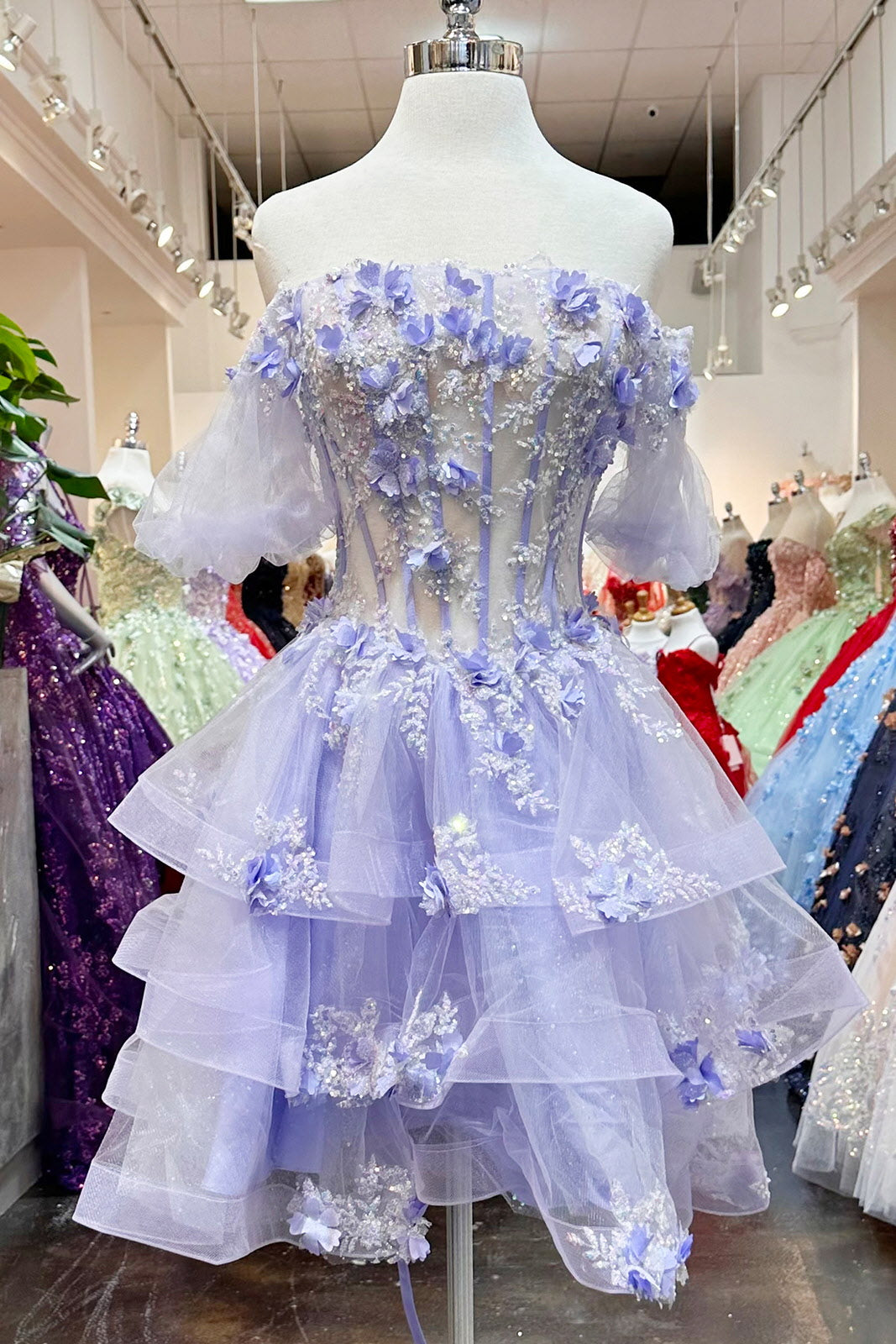 3D Flower Applique Sheer Bodice w/ Ruffle Skirt Off Shoulder Long Quinceanera Dress GLGL3180-QUINCEANERA-smcfashion.com