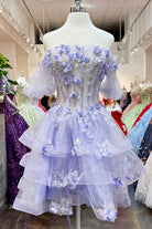 3D Flower Applique Sheer Bodice w/ Ruffle Skirt Off Shoulder Long Quinceanera Dress GLGL3180-QUINCEANERA-smcfashion.com