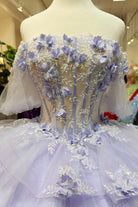 3D Flower Applique Sheer Bodice w/ Ruffle Skirt Off Shoulder Long Quinceanera Dress GLGL3180-QUINCEANERA-smcfashion.com