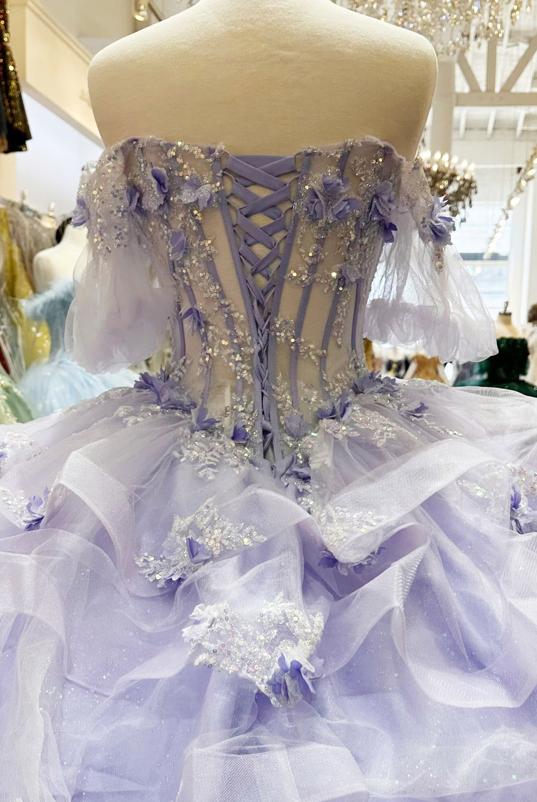 3D Flower Applique Sheer Bodice w/ Ruffle Skirt Off Shoulder Long Quinceanera Dress GLGL3180-QUINCEANERA-smcfashion.com